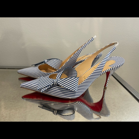 Christian Louboutin Blue White Clare Nodo Striped Side Bow Slingback Heels Pumps - Picture 2 of 6